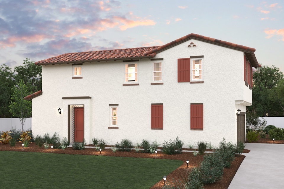 A white house with red shutters.