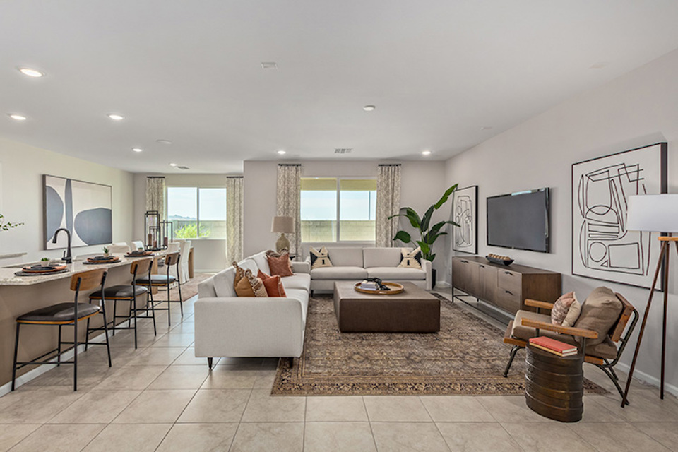 A living room with a large window.