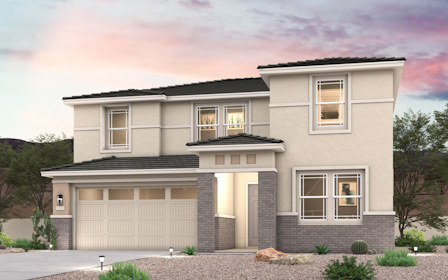 Twilight rendering of front of new 2-story modern farmhouse home for sale in Buckeye, AZ with 2 car garage.