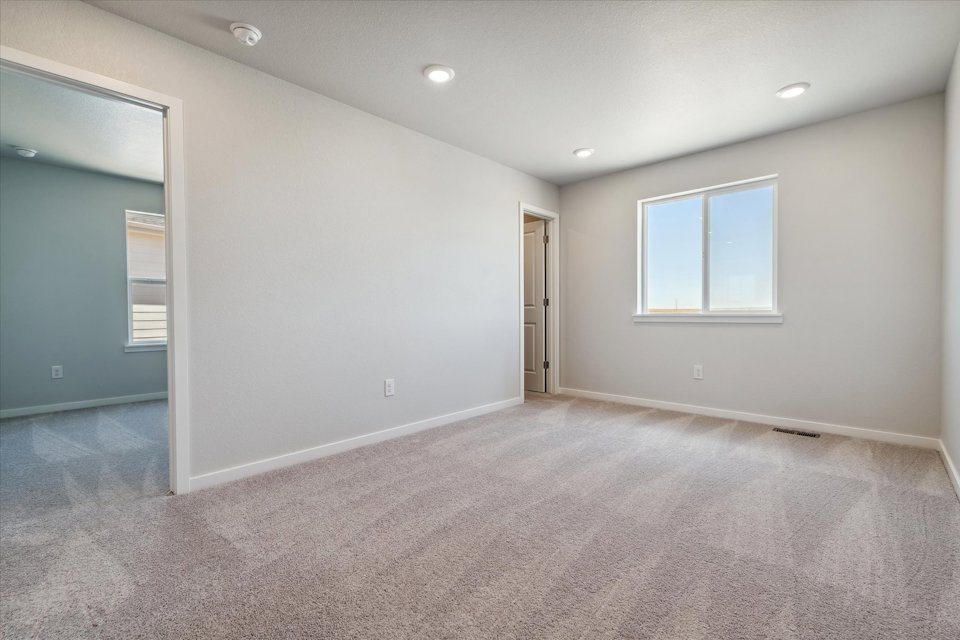 A room with a carpet and a window.
