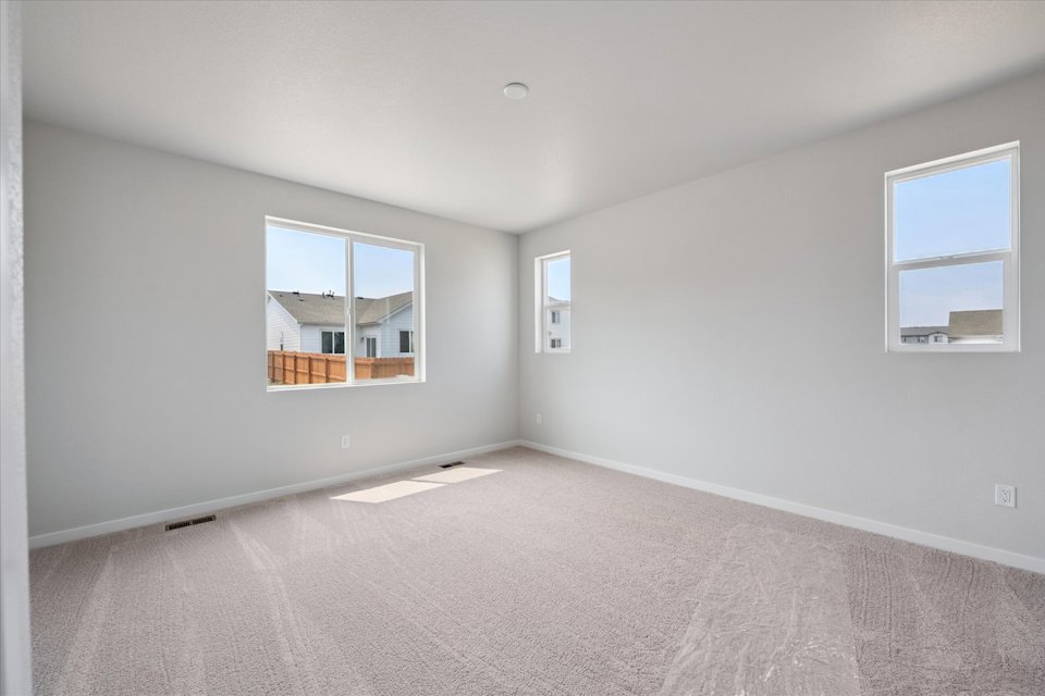 A room with a carpet and windows.