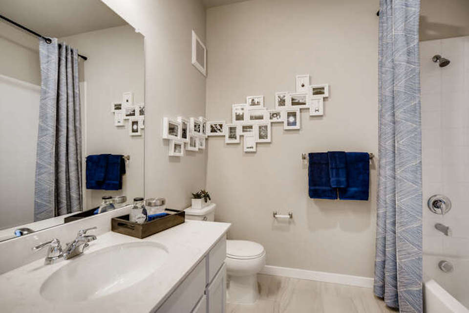 A bathroom with a sink toilet and shower.