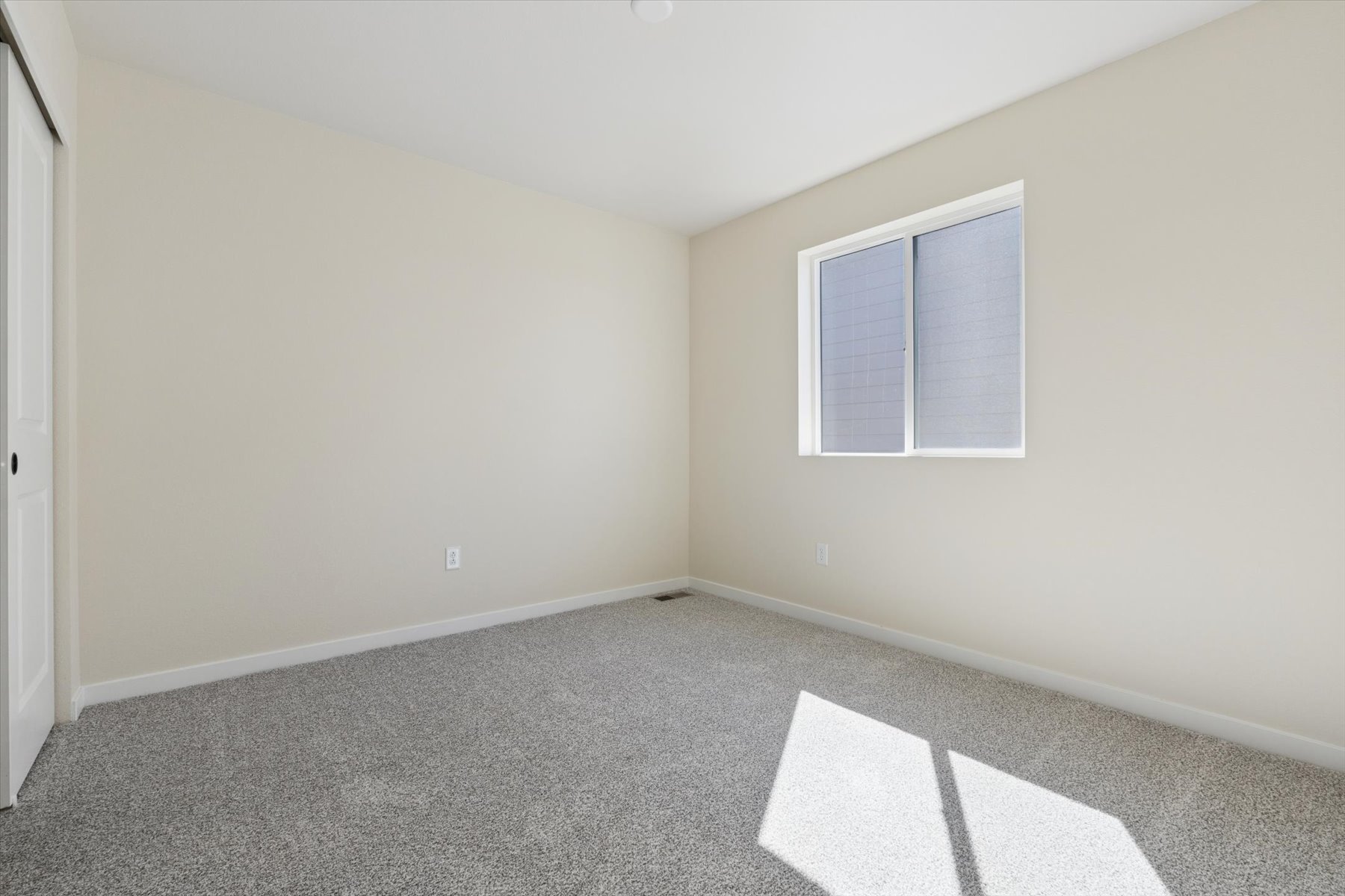 A room with a rug and a window.