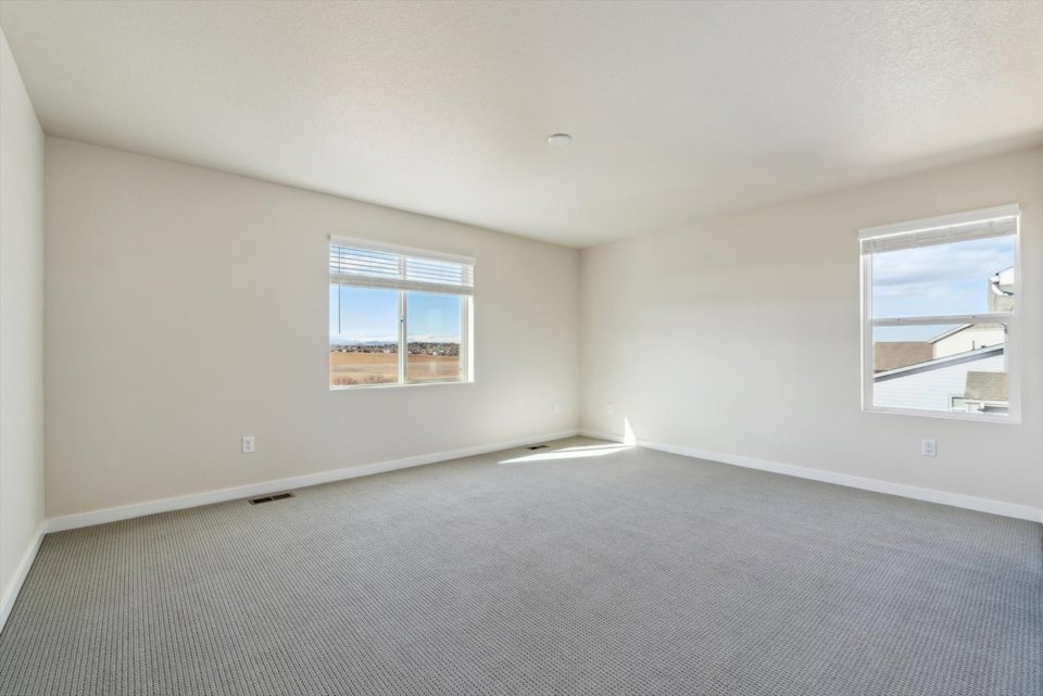 A room with a carpet and windows.