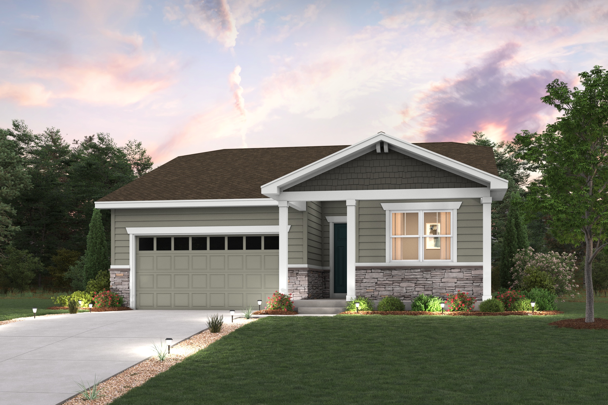 A house with a garage. Cumberland home rendering image with landscaping and driveway Elevation B 
