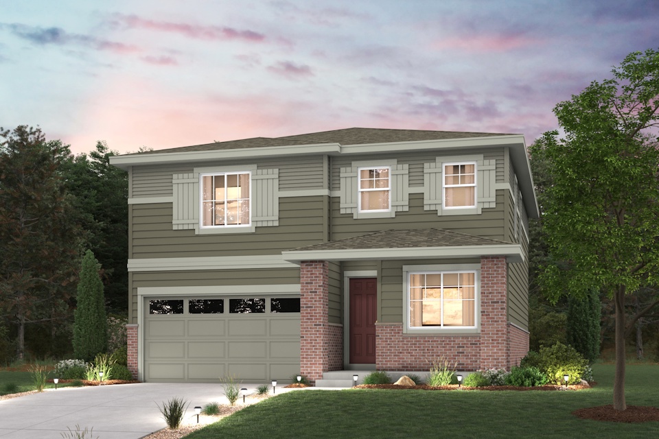 A house with a garage and trees.