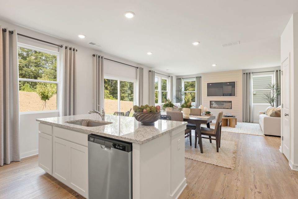 A kitchen with a large island.