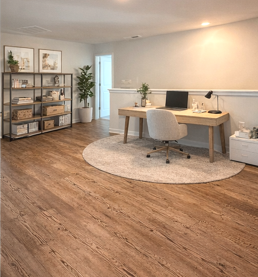 A room with a desk and a chair.