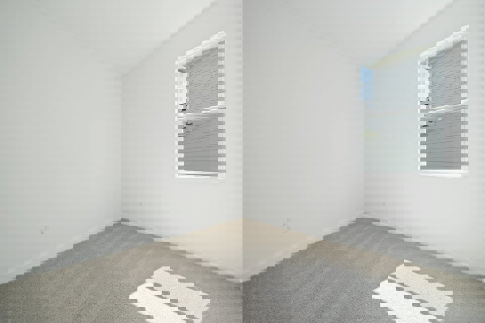 A room with a window and a rug.