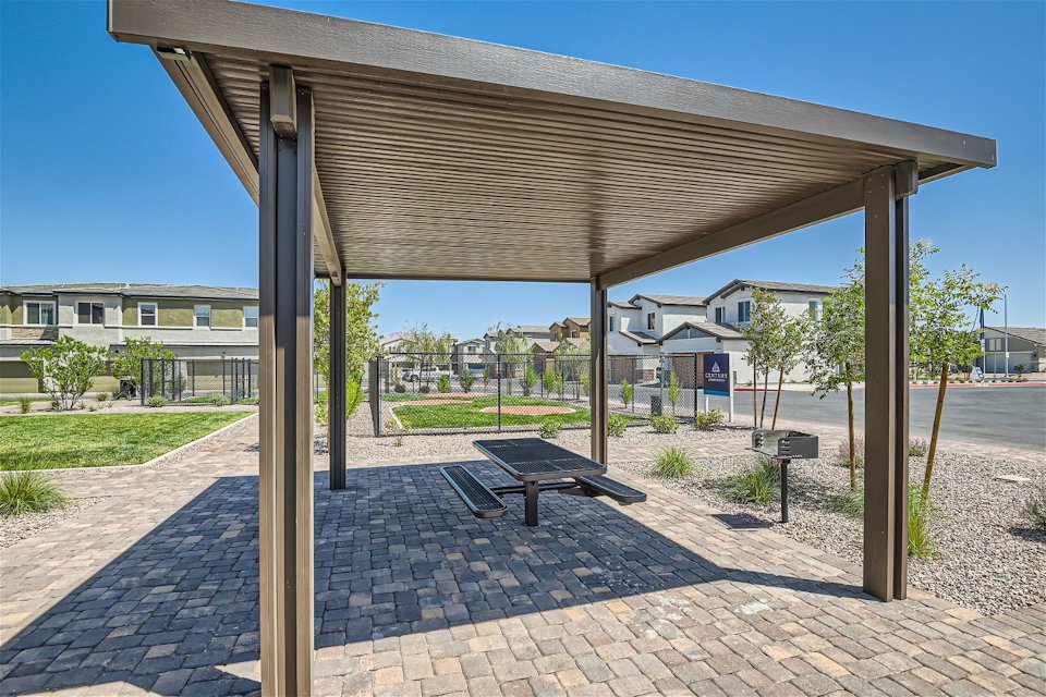 A covered area with benches.