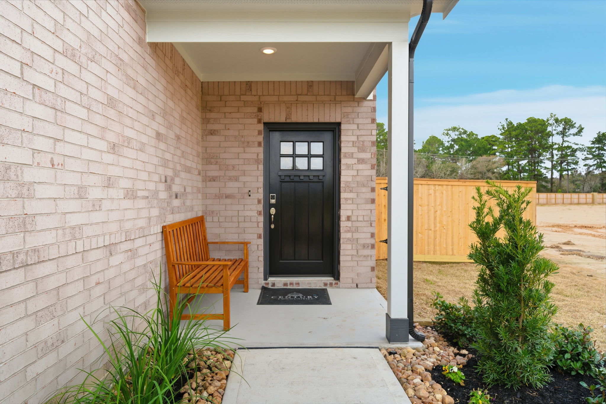 A bench in a brick building.