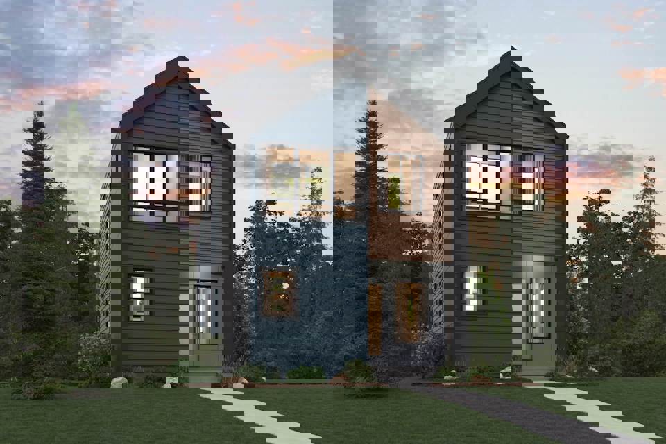 A house with a grass yard.