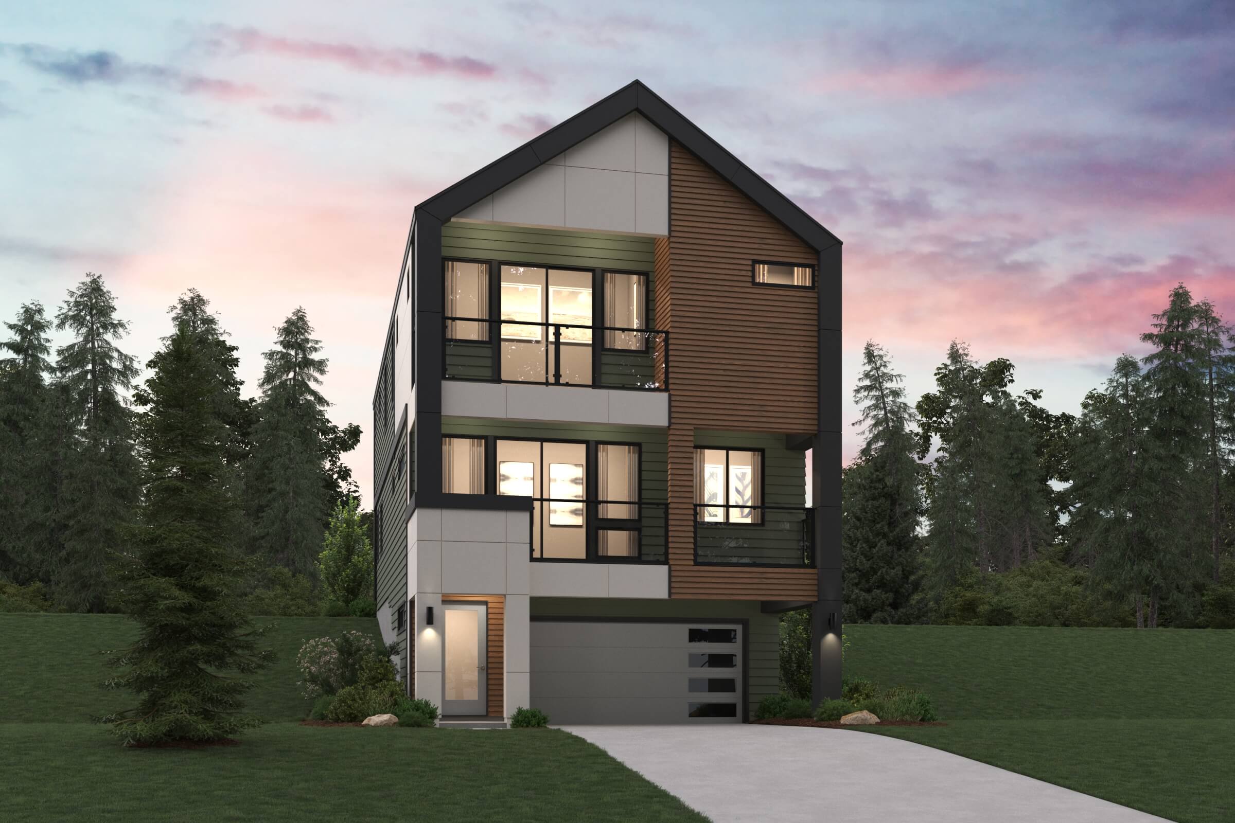 A house with trees around it.