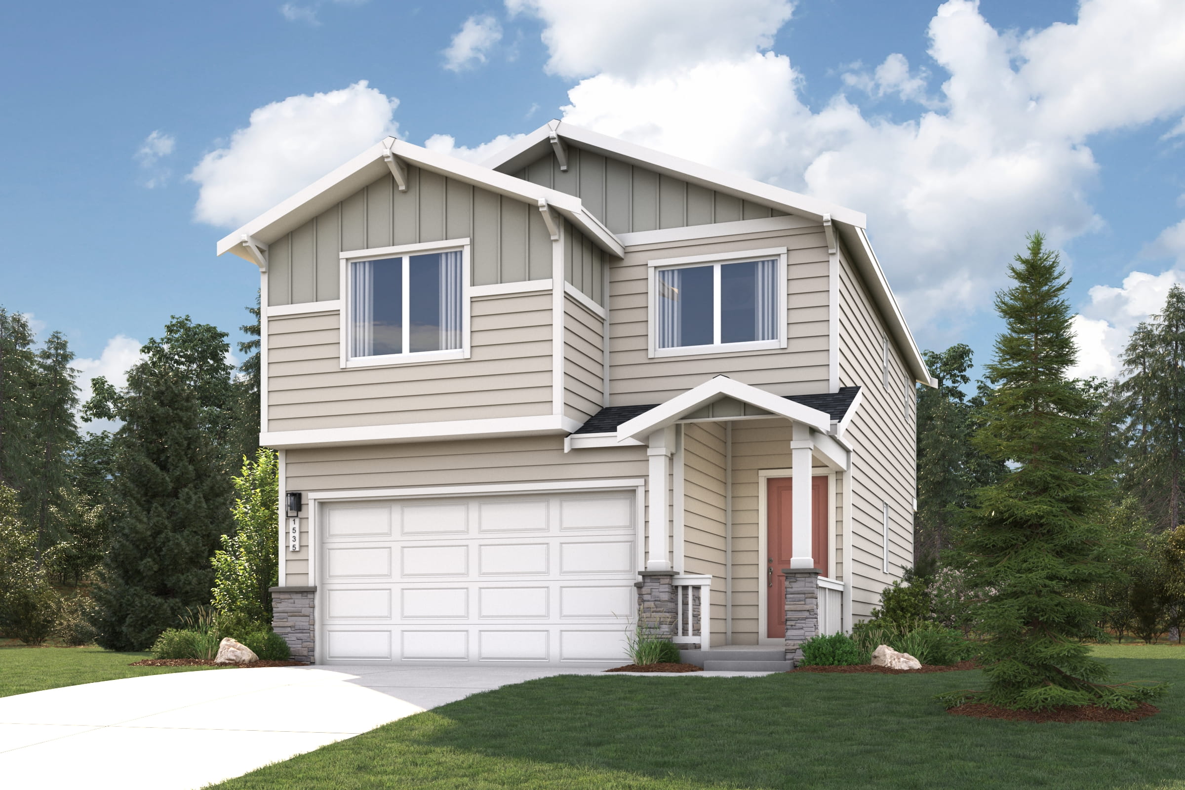 A house with a garage and trees.