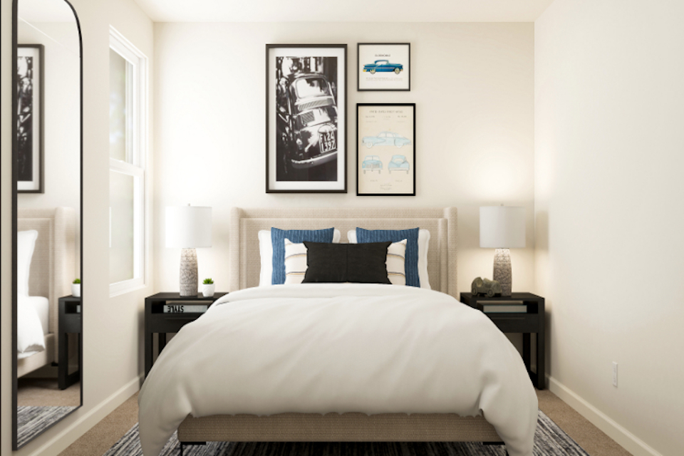 A bed in a room.