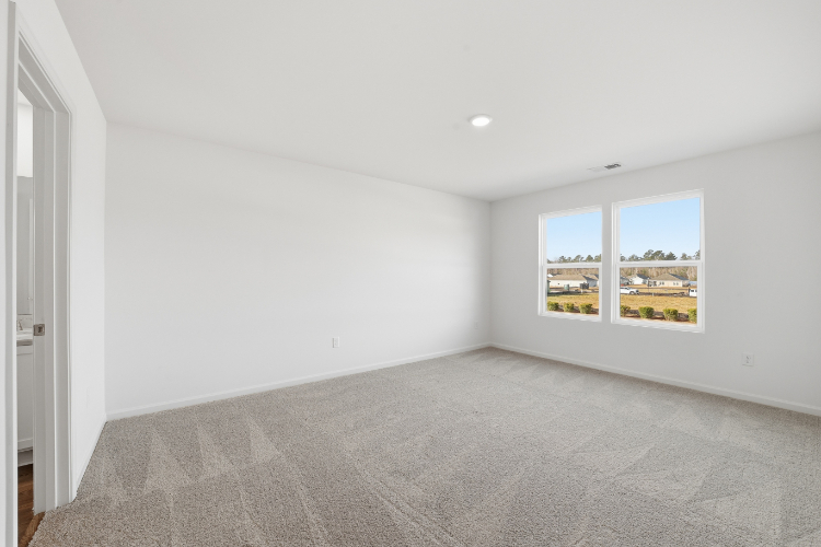 A room with a carpet and a window.
